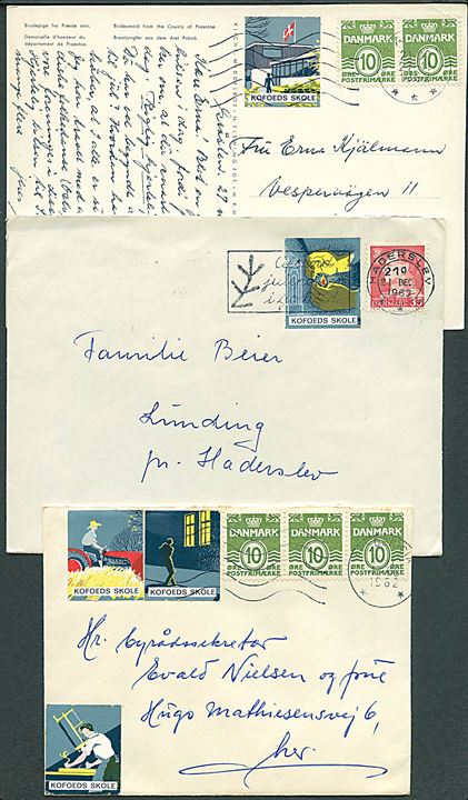 Kofoeds Skole mærkater på brev og to postkort 1962-1963. Ene kort sendt til Finland.