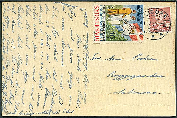 25 øre Fr. IX og 10 øre Dansk Ungdoms Sydslesvig indsamling mærke på brevkort fra Viborg d. 11.7.1950 til Aabenraa.