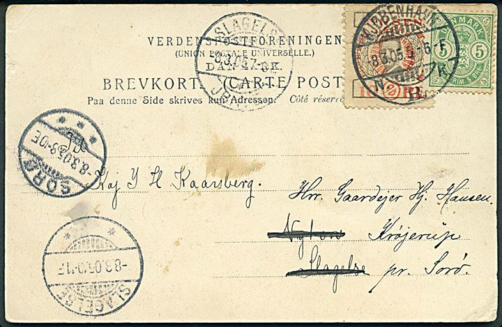 5 øre Våben og 10 øre Finsen mærke på brevkort fra Kjøbenhavn d. 8.3.1905 til Slagelse - eftersendt til Sorø.