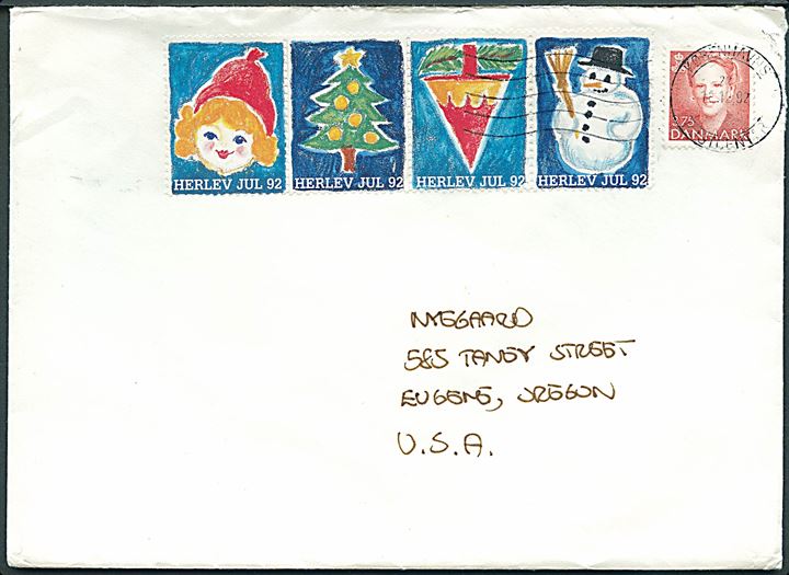 3,75 kr. Margrethe og Herlev Jul 92 julemærke i 4-stribe på brev fra Københavns Postcenter d. 18.12.1992 til Eugene, USA.