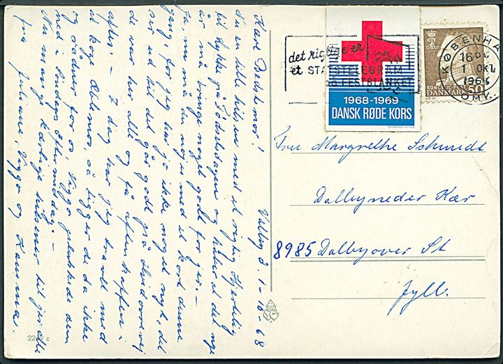 50 øre Fr. IX og Røde Kors mærkat 1968-1969 på brevkort fra København d. 1.10.1968 til Dalbyovre.