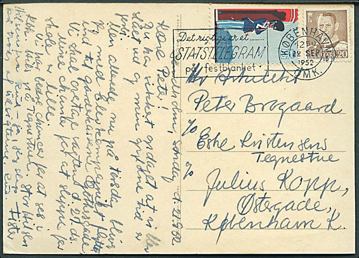 20 øre Fr. IX og Garderforeningen mærkat på brevkort dateret Sandholm stemplet København d. 22.9.1952 til København.