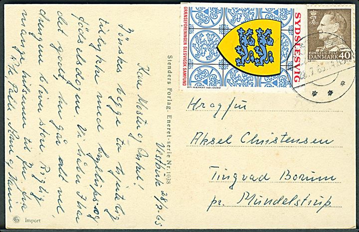 40 øre Fr. IX og Sydslesvig mærkat på brevkort fra Vestbirk d. 28.7.1965 til Mundelstrup.