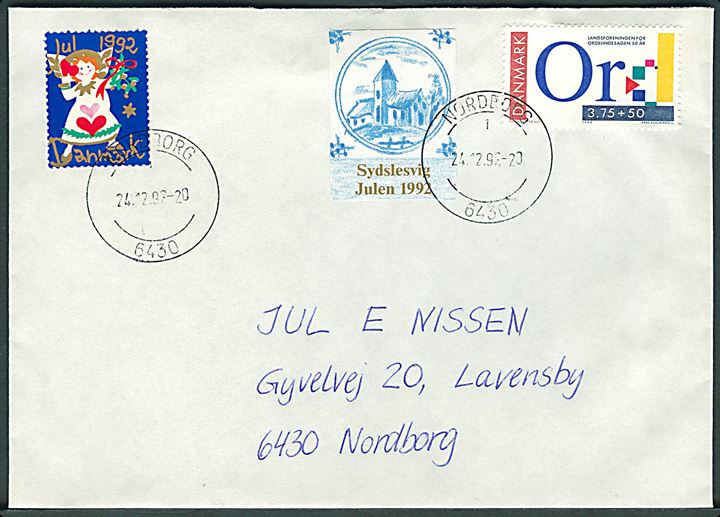 3,75 kr. + 50 øre Ordblinde, samt Sydslesvig Julen 1992 og Julemærke 1992 på brev fra Nordborg d. 24.12.1992 til Nordborg.