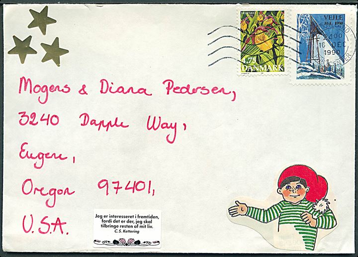 4,75 kr. Blomster og Vejle Julemærke 1990 på brev stemplet Sydjyllands Postcenter d. 16.12.1990 til Eugene, USA.