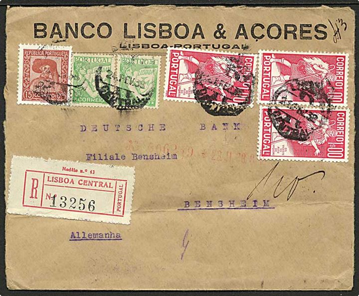 4,75 E. blandingsfrankeret anbefalet brev fra Lisboa d. 24.2.1938 til Bensheim, Tyskland. Åbnet 3 sider.