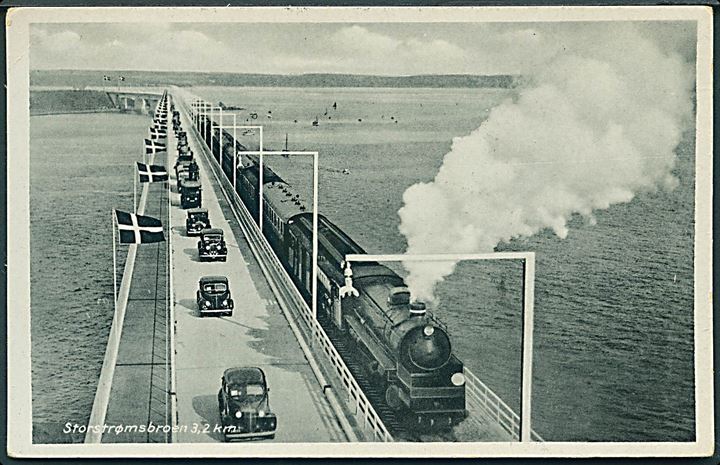 Storstrømsbroen med biler og tog. O. P. no. 5188 41. 
