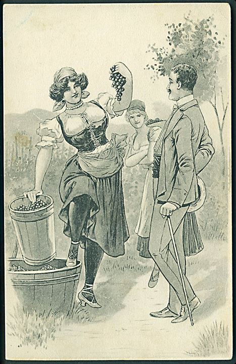 Kvinde holder druer frem for herre. Beilage de Sect. Blätter für fröhl. Laune. 