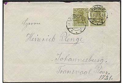 60 pfg. Germania i parstykke på brev fra Einbeck d. 11.6.1921 til Johannesburg, Sydafrika. 