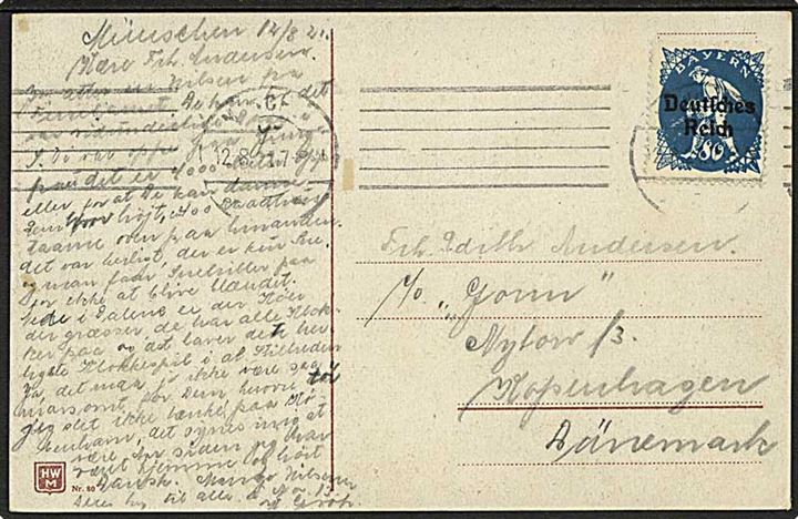 80 pfg. Bayern overtrykt Deutsches Reich single på brevkort fra München d. 12.8.1921 til København, Danmark.