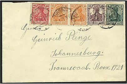 5 pfg., 10 pfg. (par), 15 pfg. og 40 pfg. Germania på 80 pfg. frankeret brev fra Einbeck d. 1.1.1921 til Johannesburg, Sydafrika.