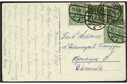 20 pfg. Germania (2) og 100 pfg. Minearbejder på 240 pfg. frankeret brevkort fra Hemelingen d. 11.3.1922 til København, Danmark.