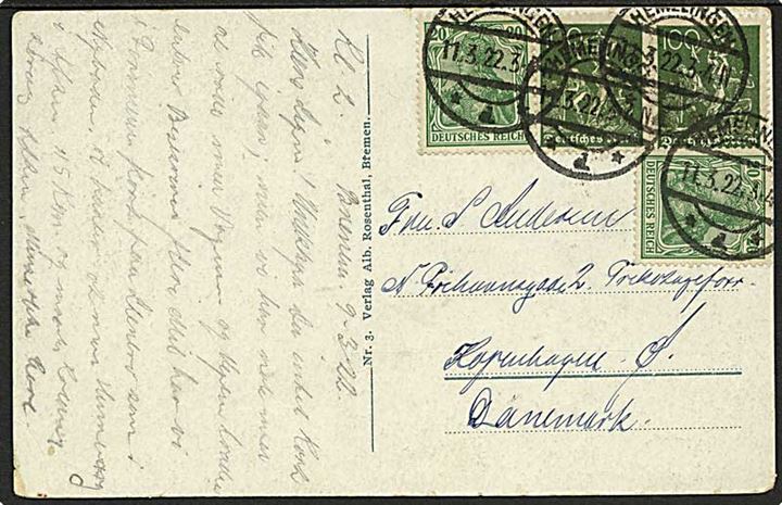 20 pfg. Germania (2) og 100 pfg. Minearbejder på 240 pfg. frankeret brevkort fra Hemelingen d. 11.3.1922 til København, Danmark.