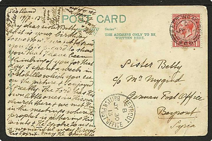 1d George V på brevkort fra East Wemyse d. 14.7.1913 til det tyske postkontor i Beirut. Ank.stemplet Beyrout British Post Office d. 30.7.1913.