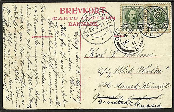 5 øre Fr. VIII (2) på brevkort fra Esbjerg d. 25.5.1911 til kok ombord på S/S Ulrik Holm c/o danske konsul i Grimsby, England - eftersendt til Kronstadt, Rusland.
