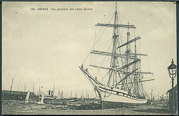 Antwerpen. Havneparti med stort sejlskib.