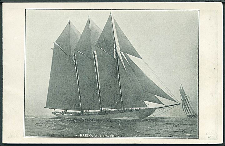 Karina, 3-mastet yacht, bygget til Commodore Robert E. Tod i 1911. Lille illustreret reklame folder.