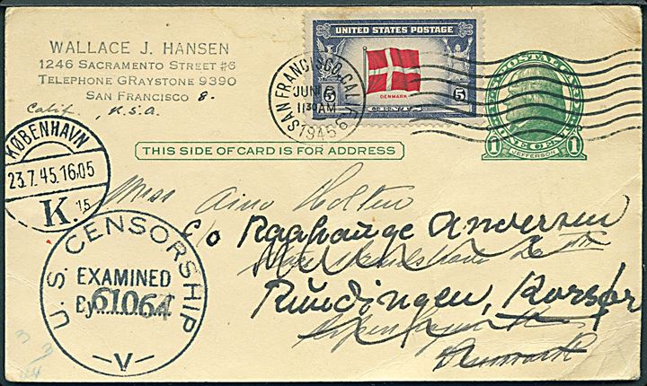 1 cent helsagsbrevkort opfrankeret med 5 cent Dannebrog fra San Francisco d. 6.6.1945 til København, Danmark - eftersendt til Korsør. Amerikansk censur no. 61064.