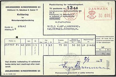 30 øre posthus-franko frankeret indbetalingskort stemplet København d. 1.3.1963 til Keldernæs. Pr.-stempel Keldernæs pr. Bandholm d. 8.3.1963 som kvitteringsstempel.
