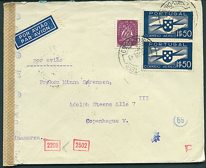 50 c. skib og 1$50 Luftpost i parstykke på luftpostbrev fra Lissabon d. x.7.1943 via München til København, Danmark. Åbnet af tysk censur i München.