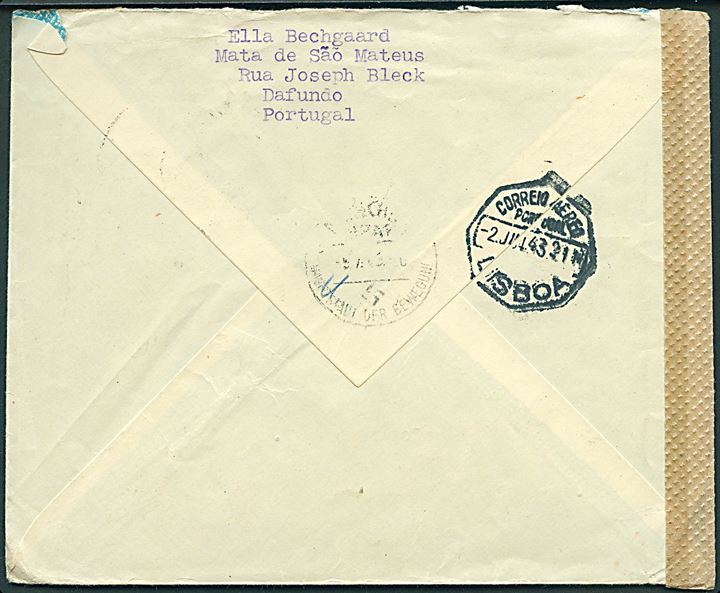 50 c. skib og 1$50 Luftpost i parstykke på luftpostbrev fra Lissabon d. x.7.1943 via München til København, Danmark. Åbnet af tysk censur i München.
