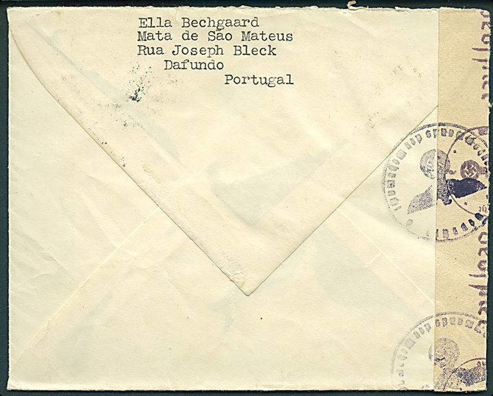 1$75 Skib i parstykke på luftpostbrev fra Dafundo annulleret med svagt stempel til København, Danmark. Åbnet af tysk censur.