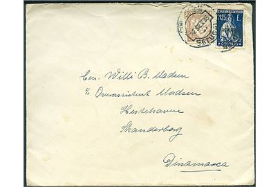 Portugal 50 c. og 1$25 Azonerne lokal udg. på brev fra Setúbal d. 2.9.1935 til Skanderborg, Danmark.