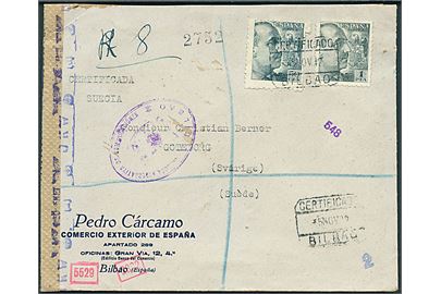 50 c. og 1 pta. Franco på anbefalet brev fra Bilbao d. 5.11.1942 til Göteborg, Sverige. Lokal spansk censur fra Bilbao og åbnet af tysk censur i München.