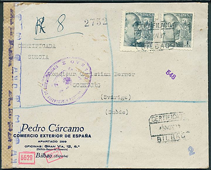 50 c. og 1 pta. Franco på anbefalet brev fra Bilbao d. 5.11.1942 til Göteborg, Sverige. Lokal spansk censur fra Bilbao og åbnet af tysk censur i München.