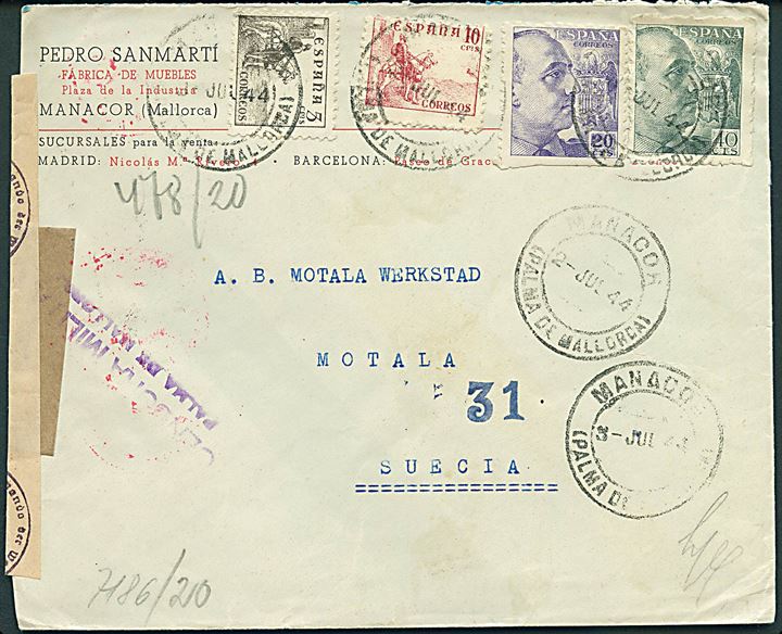 5 c., 10 c. Rytter, 20 cts. og 40 cts. Franco på brev fra Manacor (Palma de Mallorca) d. 2.7.1944 til Motala, Sverige. Åbnet af lokal censur i Palma de Mallorca og tysk censur i Berlin. Et mærke beklippet.