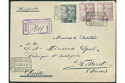 25cts. (par) og 1 pta. Franco på anbefalet brev fra Madrid d. 21.8.1943 til Villeret, Schweiz. Spansk censur fra Madrid.