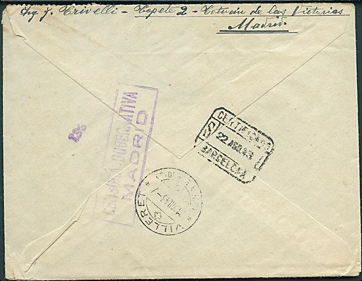 25cts. (par) og 1 pta. Franco på anbefalet brev fra Madrid d. 21.8.1943 til Villeret, Schweiz. Spansk censur fra Madrid.
