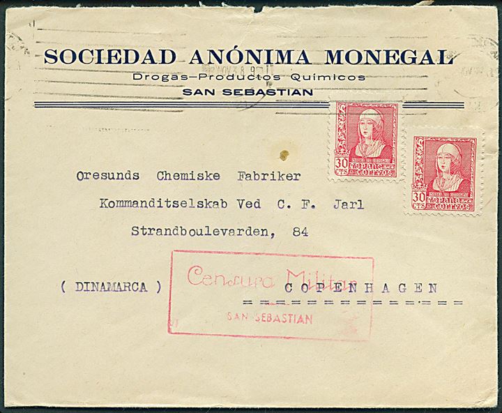 30 cts. Isabel (2) på brev fra San Sebastian d. 7.11.1938 til København, Danmark. Lokal spansk censur fra San Sebastian.