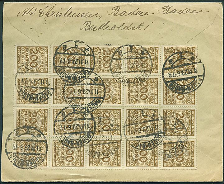 200 mio. mk. (20) Infla udg. på bagsiden af brev fra Baden-Baden d. 11.11.1923 til København, Danmark.