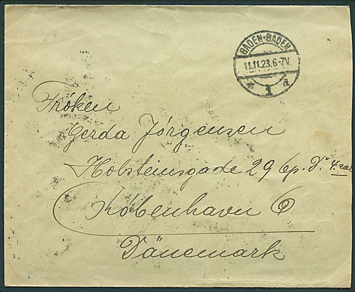 200 mio. mk. (20) Infla udg. på bagsiden af brev fra Baden-Baden d. 11.11.1923 til København, Danmark.