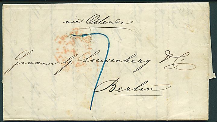 1859. Portobrev med fuldt indhold fra London d. 12.3.1859 med grænse stempel Aus England per Aachen d. 13.3.1859 til Berlin, Preussen. Påskrevet via Ostende. 