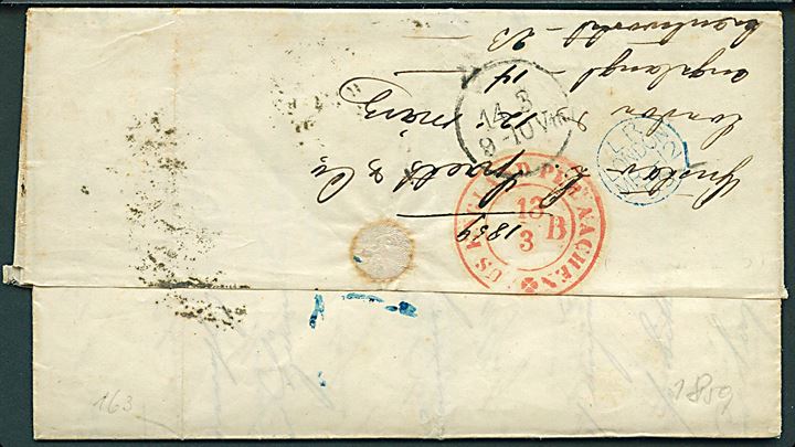 1859. Portobrev med fuldt indhold fra London d. 12.3.1859 med grænse stempel Aus England per Aachen d. 13.3.1859 til Berlin, Preussen. Påskrevet via Ostende. 