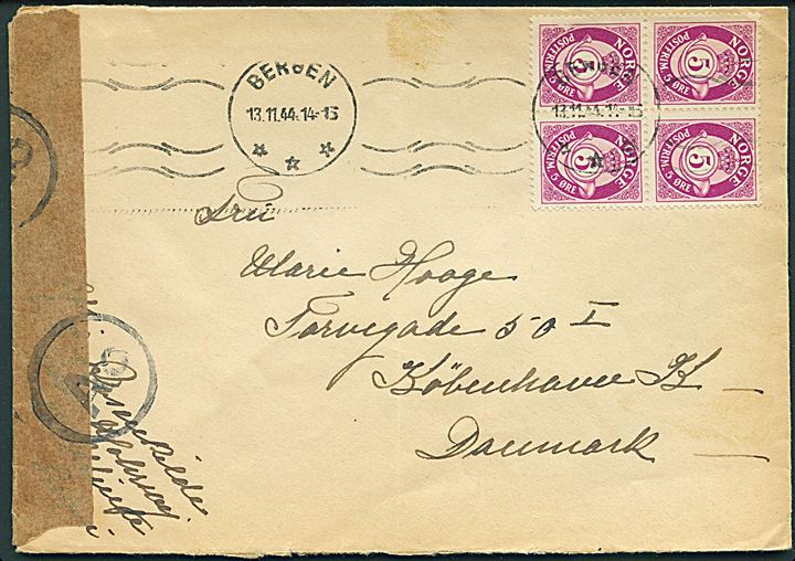 5 øre Posthorn i fireblok på brev fra Bergen d. 13.11.1944 til København, Danmark. Åbnet af tysk censur i Oslo.