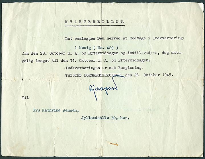 Kvarterbillet fra Thisted Borgmesterkontor d. 26.10.1945 for indkvartering af menig soldat.