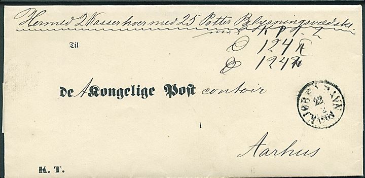 1868. Kongeligt tjeneste pakkefølgebrev fra Generalpostdirecteuren for 2 kasser med hver 25 potter belysningsvæske stemplet Kjøbenhavn d. 22.2.1868 til postkontoret i Aarhus.