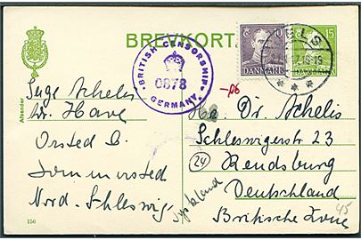 15 øre Chr. X helsagsbrevkort (fabr. 156) opfrankeret med 10 øre Chr. X fra Jels d. 21.4.1947 til Rendsburg, Tyskland. Britisk efterkrigscensur i Tyskland no. 0878.