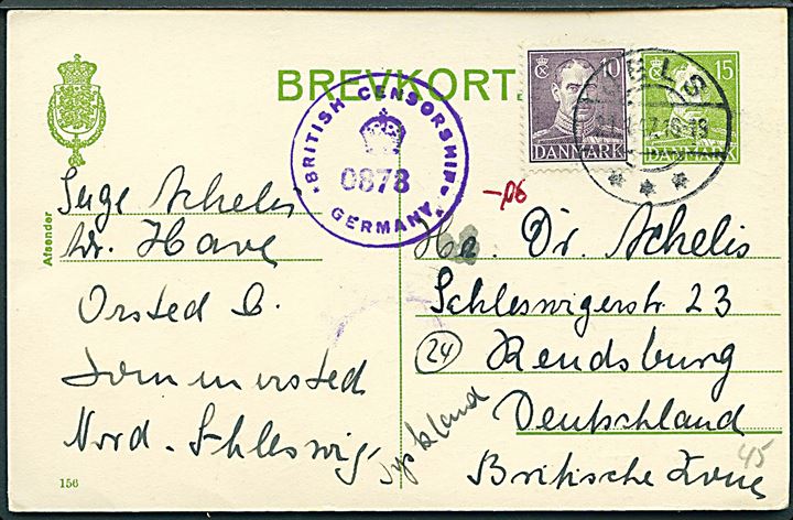15 øre Chr. X helsagsbrevkort (fabr. 156) opfrankeret med 10 øre Chr. X fra Jels d. 21.4.1947 til Rendsburg, Tyskland. Britisk efterkrigscensur i Tyskland no. 0878.