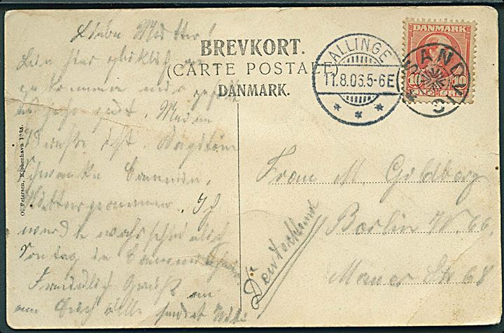 10 øre Chr. IX på brevkort annulleret med stjernestempel SANDVIG og sidestemplet Allinge d. 11.8.1906 til Berlin. Fold.