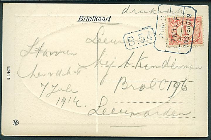 1 c. på tryksagskort (Jernbanefærge Enkhuizen-Stavoren) annulleret med sejlende bureaustempel Enkhuizen - Amsterdam d. 7.7.1914.