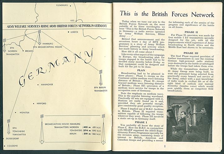 This is the British Forces Network BFN. Lille illustreret hæfte på 24 sider vedr. de britiske besættelsesstyrkers radiotjeneste i Tyskland. 