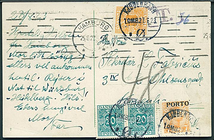 Ufrankeret brevkort fra Hamburg d. 28.5.1923 til København, Danmark. Udtakseret i porto med 1 øre, 20 øre par) Portomærke og 7 øre Porto-provisorium stemplet Kjøbenhavn d. 27.8.1923.
