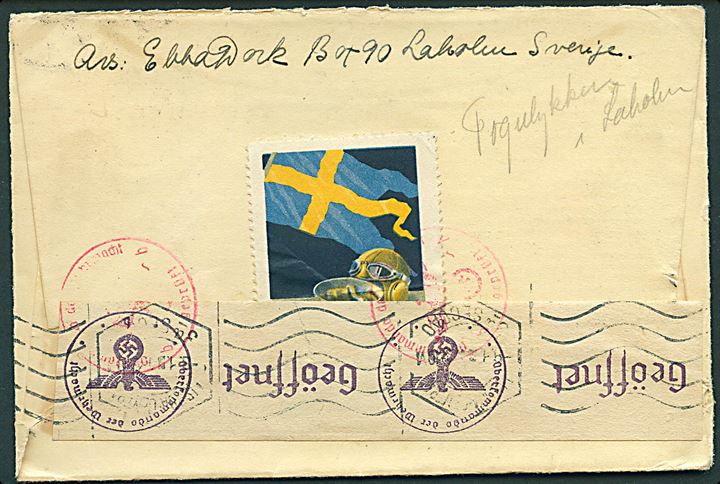 10 öre og 20 öre Gustaf på luftpostbrev fra Laholm d. 16.12.1943 til Dafundo, Portugal. På bagsiden patriotisk mærkat bundet til brevet af tysk censur fra Berlin.