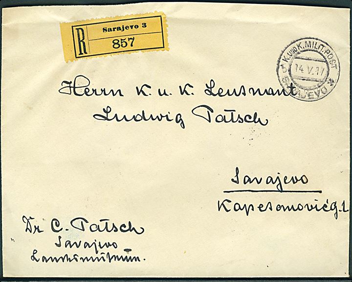 10 h. (2) og 15 h. (2) Witwen- und Waisenwoche 1917 på bagsiden at lokalt anbefalet brev i Sarajevo d. 14.5.1917. 