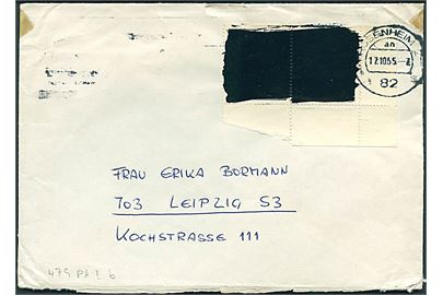 20 pfg. Vertreibung usg. i parstykke på Postkrigs-brev fra Rosenheim d. 17.10.1965 til Leipzig, DDR. Frimærke motiv oversværtet med sort lakfarve af det østtyske postvæsen. Mi: 479 Pk1b