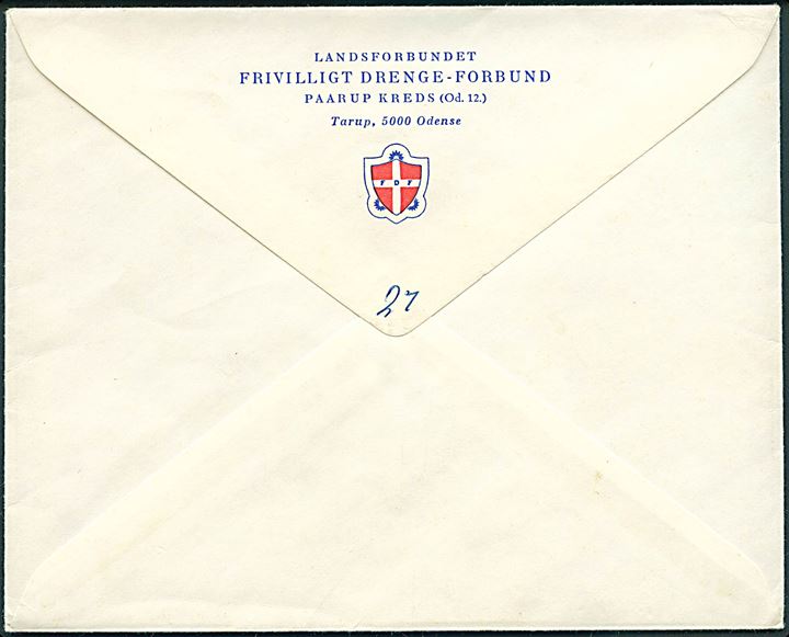 Fortrykt kuvert fra Landsforbundet Frivillige Drenge-Forbund i Odense med to røde stempler: 5 kr. FDF FØDSELSDAGS-FORENINGEN. Ikke tidligere set.